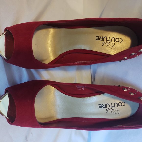 Red Studded Open Toe with Gold Colour Tip 5" Heel - Picture 5 of 11